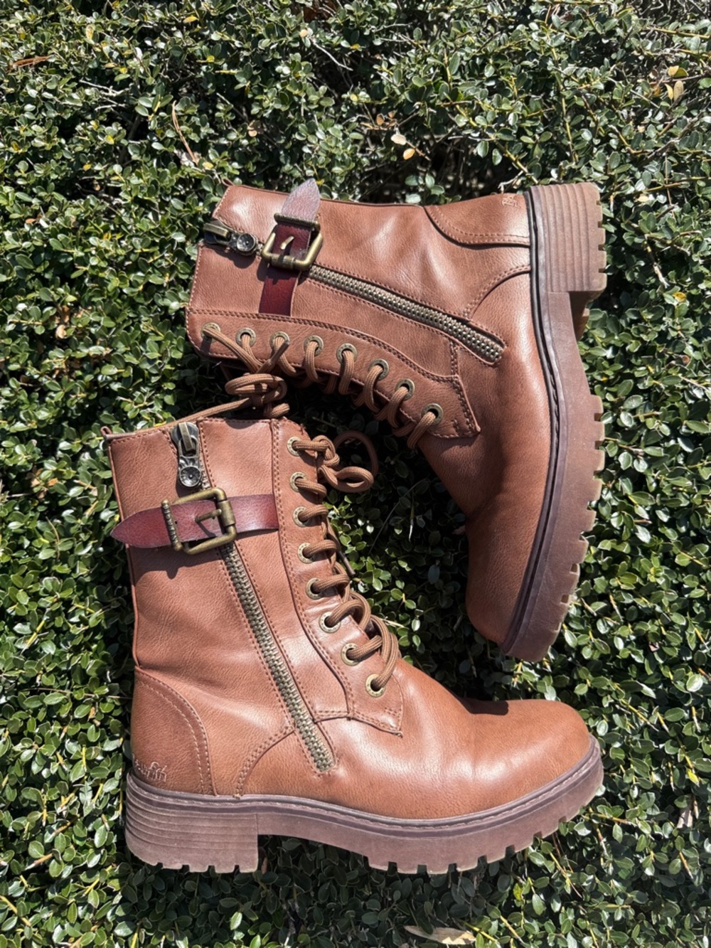Blowfish Malibu brown Lace-Up Combat Boots with Buckle Accent - vegan leather